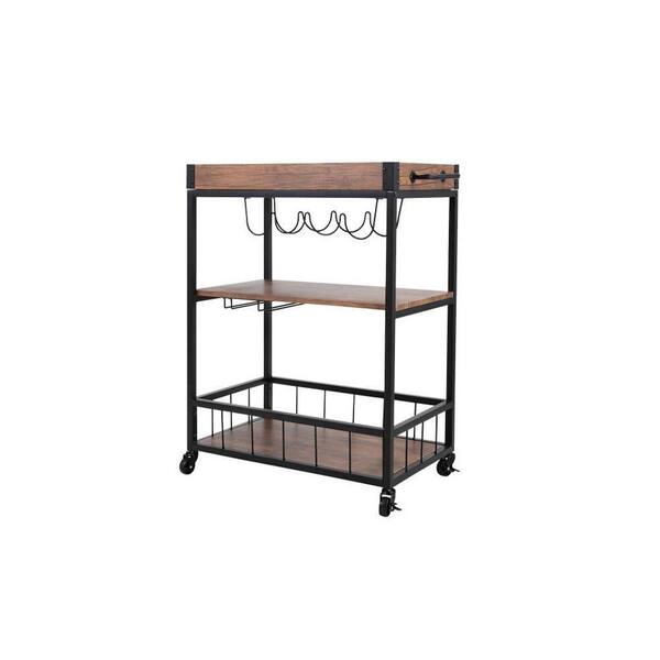 Amucolo 3-Tier Brown Rolling Bar Cart Kitchen Serving Cart with Handle and Removable Tray