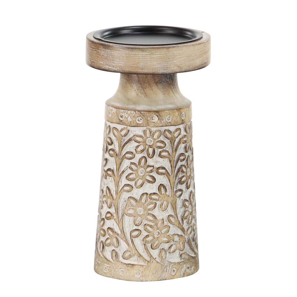 Coastal Charm Mango Wood Carved Pillar Candle Holders, Set of 3