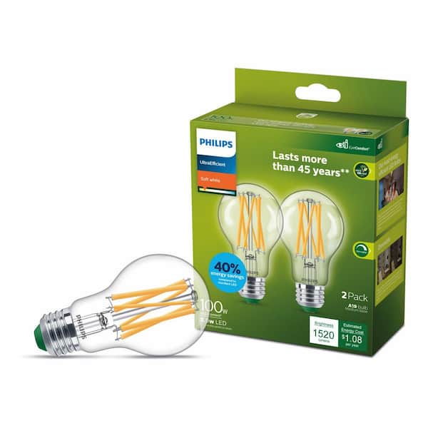 100-Watt Equivalent A19 Ultra Efficient Clear LED Light Bulb 2700K 2-Pack