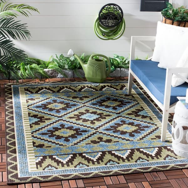 Veranda Green/Chocolate 2 ft. x 4 ft. Southwestern Tribal Indoor/Outdoor Area Rug