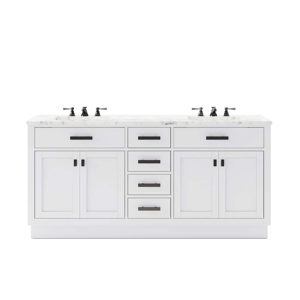 72'' White Double Bathroom Vanity with Carrara Marble Top