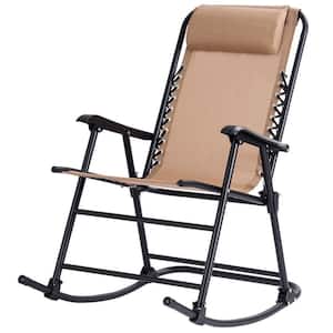 Metal Folding Single High Back Indoor and Outdoor Rocking Chair with Beige Cushioned Pillow