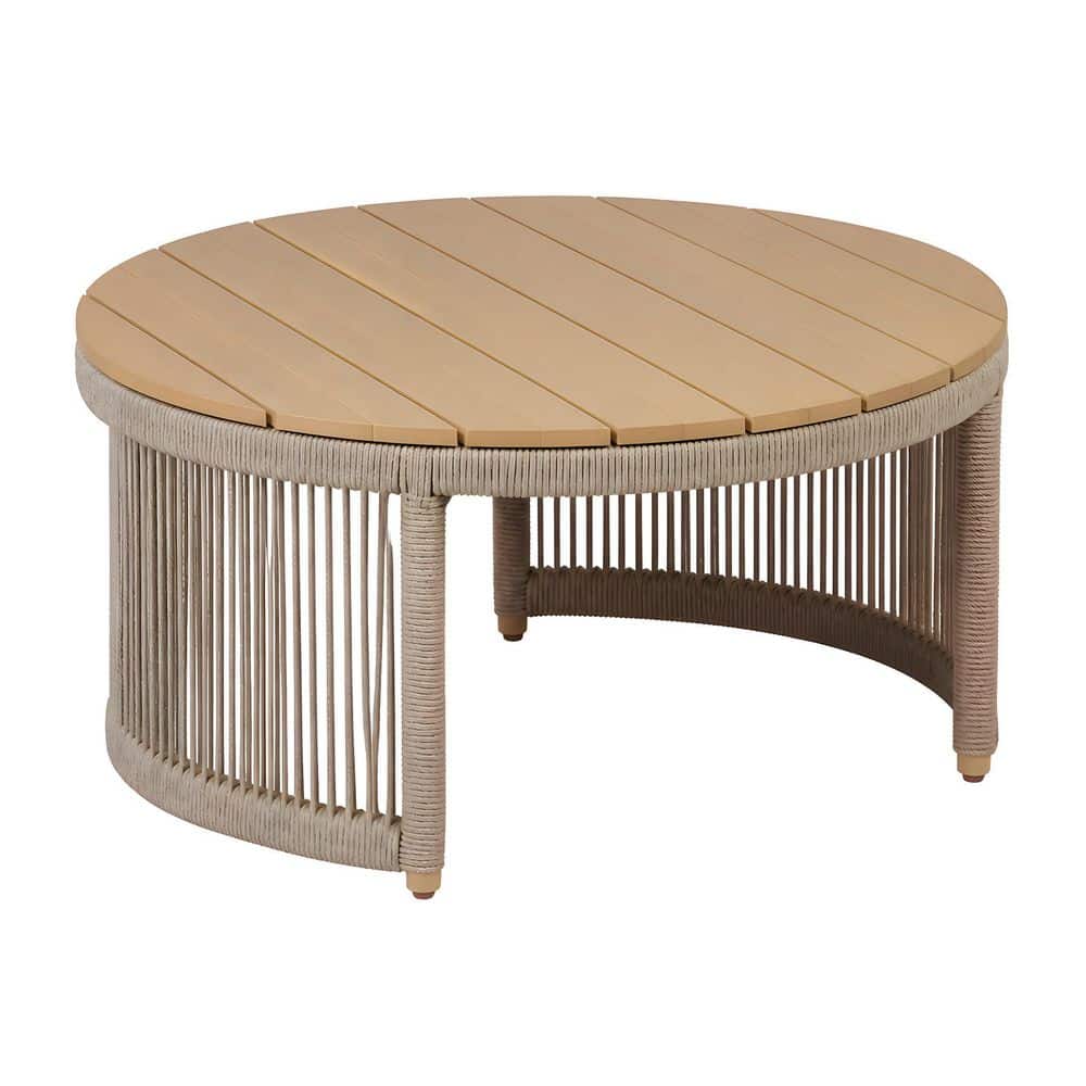 Evelyn Round Solid Wood Outdoor Coffee Table with Hand-Woven Beige Rope Frame