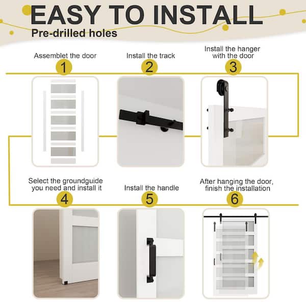 72 in. x 84 in. 5-Lite Tempered Frosted Glass White MDF Finished Double Sliding Barn Door Slab with Hardware