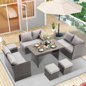 7-Piece Wicker Patio Conversation Set with Gray Cushions, Ottoman for Outside Garden Lawn