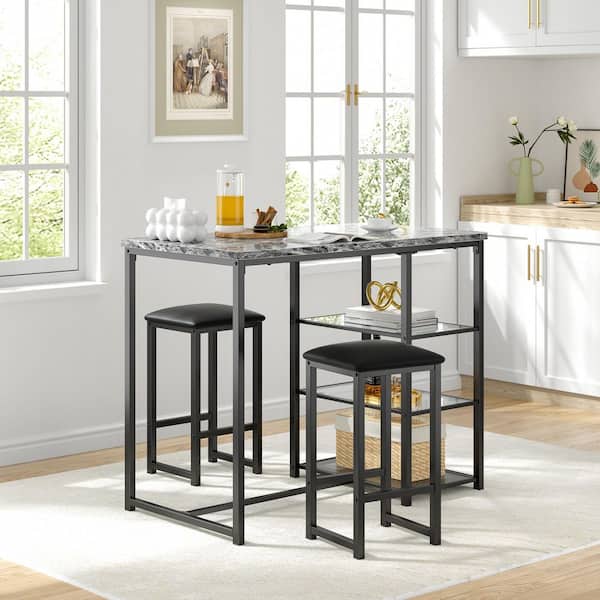 3-Piece Counter Height Dining Table Set with Storage, Black MDF Dining Table and 2 Bar Stools for Kitchen Breakfast Nook