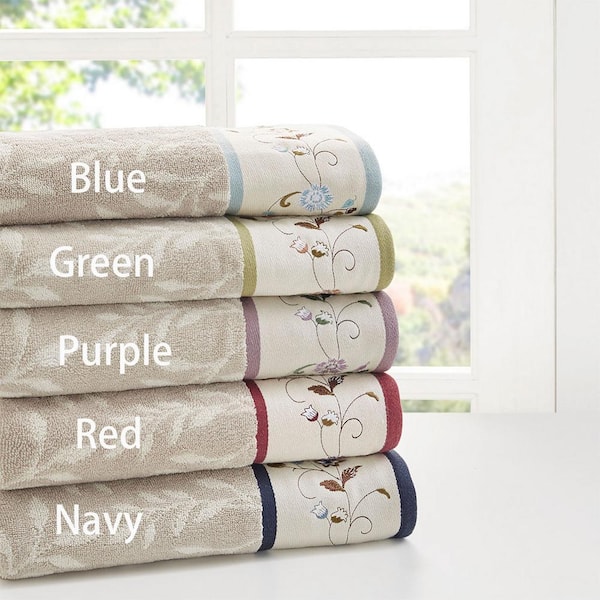 6-Piece Navy Embroidered Jacquard 100% Cotton Bath Towel Set, Oeko