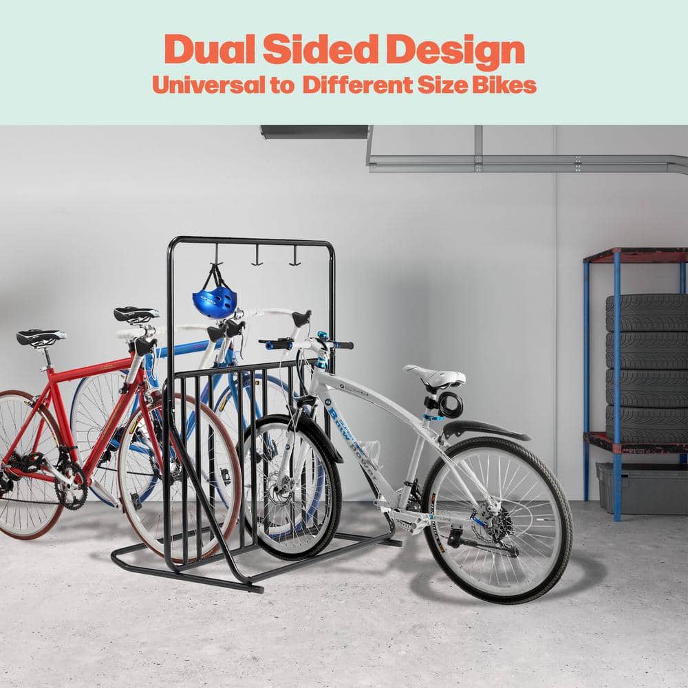 Black Dual-Sided Steel Freestanding Bike Rack with Helmet Hooks