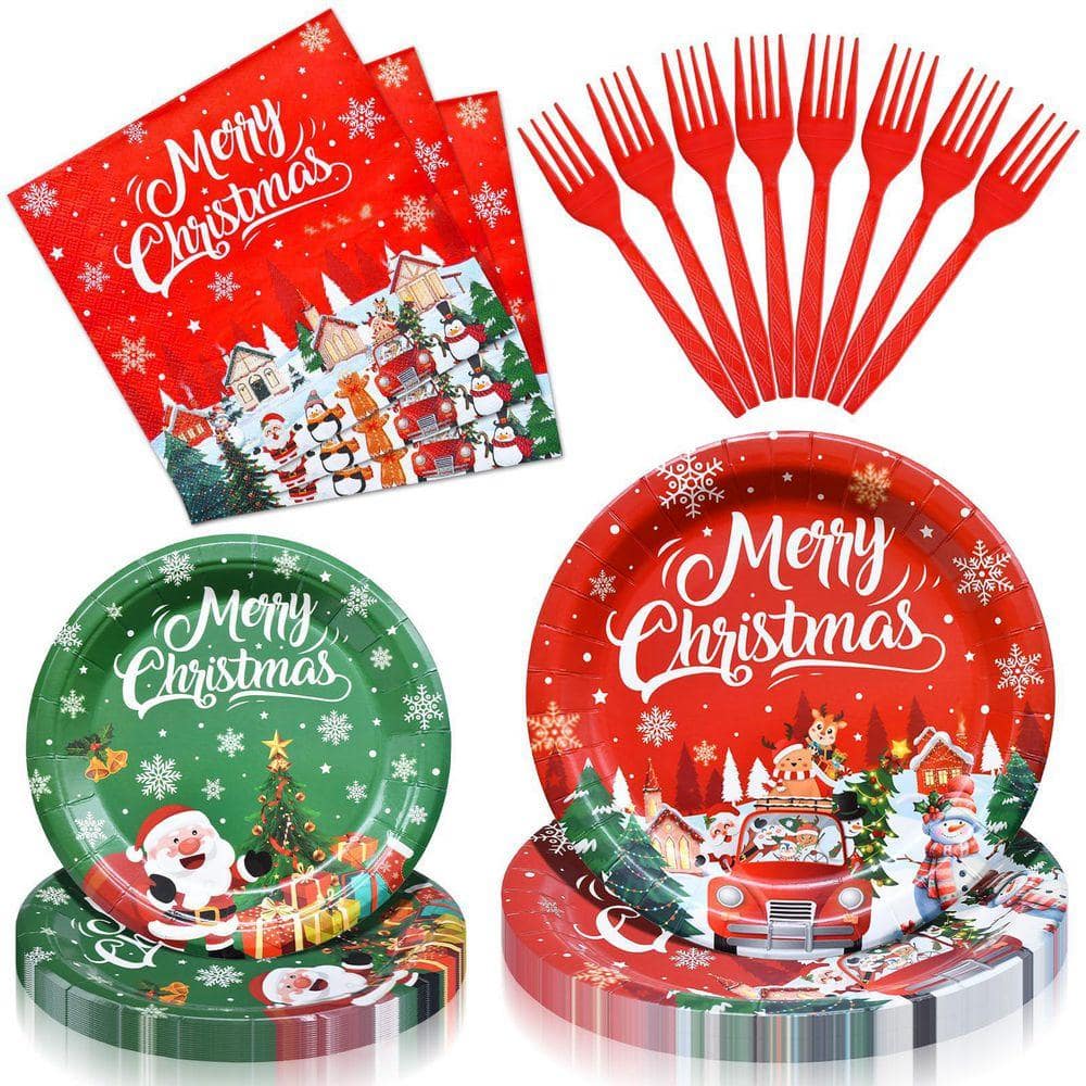 100Pcs Christmas Tableware Set w Santa Design, Disposable Paper