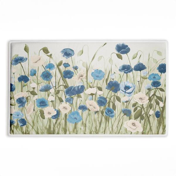 Blue Poppy Garden 18 in. x 30 in. Blue Floral Polyester Blend Rectangle Bath Mat
