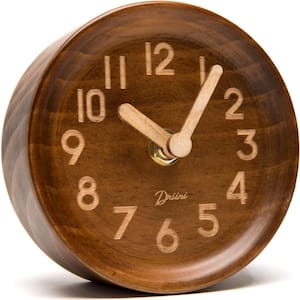 Wooden Analog Desktop Clock 4.3 in. Decorative Pinewood Clock, No-Tick Design with Wood Body and Battery Cover, Brown