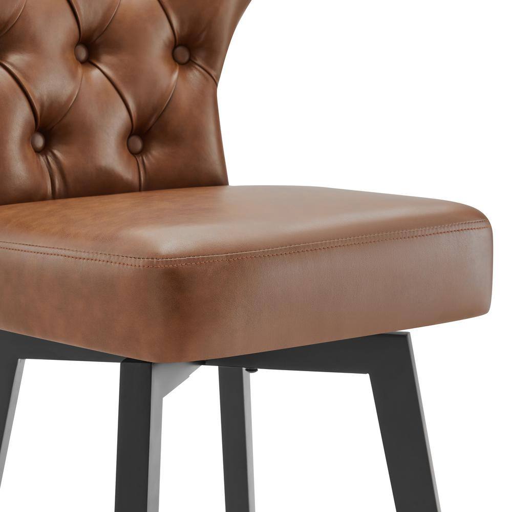 Brown Faux Leather Swivel Counter Height Bar Stools with Wood Frame, Set of 2