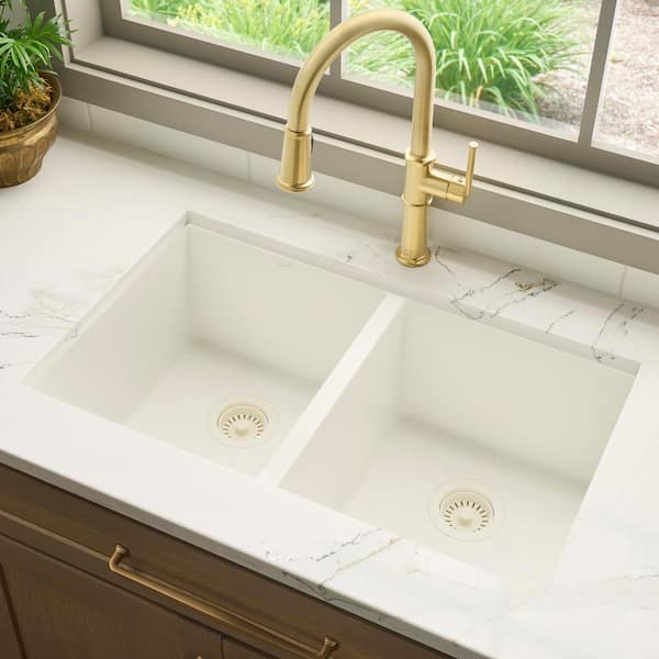 EpiGranite 32 in. Undermount Double Bowl Kitchen Sink in Arctic White Granite Quartz Composite