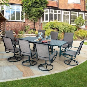Black 9-Piece Metal Patio Outdoor Dining Set with Extendable Table and Textilene Swivel Chairs
