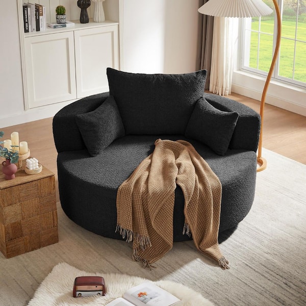 Black 360° Swivel Chenille Accent Barrel Chair with 3 Removable Pillows, Round Sofa Chair