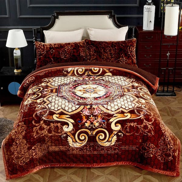 3-Pieces Brown Floral Sherpa Fleece Blanket Set 79 in. x 91 in. with 2-Pillow Sham 20 in. x 30 in.