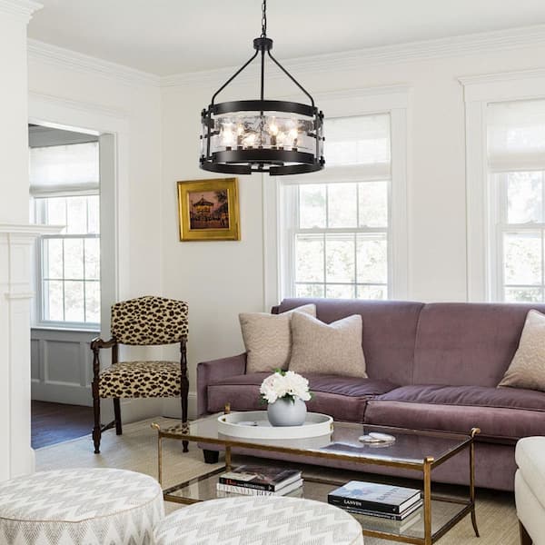 6 light 18.9" Dimmable Black Drum Candle Chandelier With Glass Shade for Kitchen Island with no bulbs included