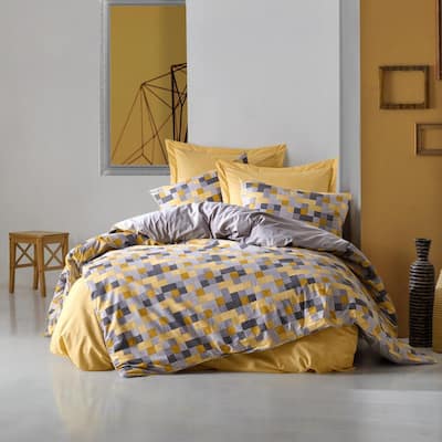 Yellow Geometry Duvet Cover Set Queen Size Cotton Duvet Cover 1-Duvet Cover 1-Fitted Sheet and 2-Pillowcases