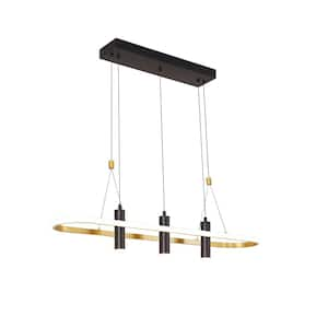 Yolo 35 in. 4-Light Modern Black Gold Cylinder Linear Pendant Light with Integrated LED Light and Ajustable Hanging