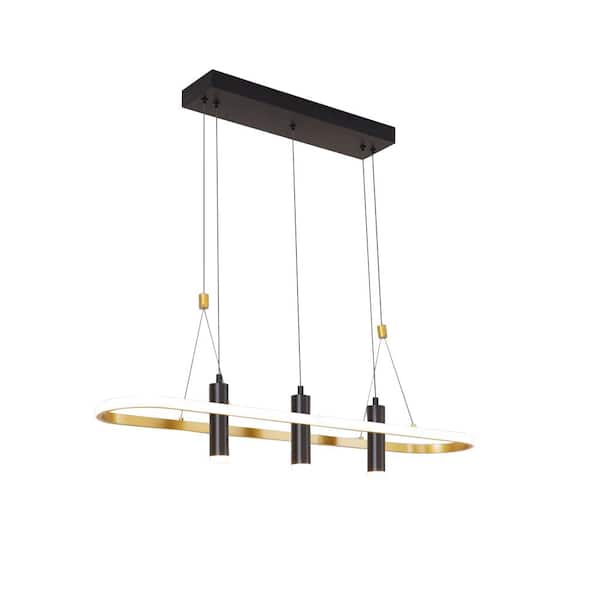 Keazile Yolo 35 in. 4-Light Modern Black Gold Cylinder Linear Pendant Light with Integrated LED Light and Ajustable Hanging