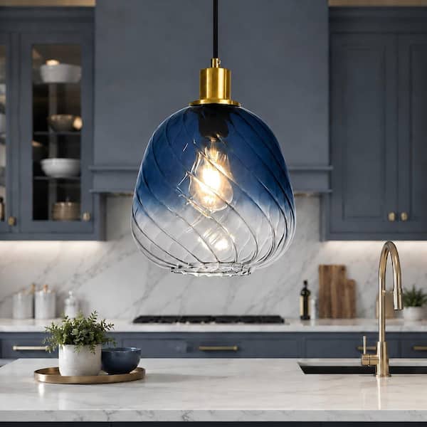 Rayhome 60W 1-Light Coastal Blue Pendant Light with Swirl Glass Shade for Dining Room Bedroom, Foyer