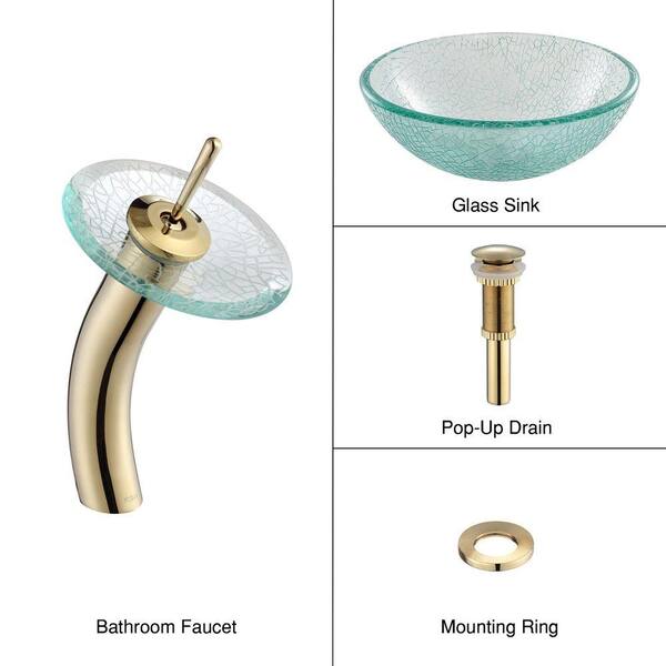 KRAUS Broken Glass Vessel Sink in Clear with Single Hole Single-Handle Low-Arc Waterfall Faucet in Gold
