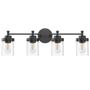 31.5 in. 4-Light Matte Black Modern Dimmable Vanity Light with Clear Ribbed Glass Shades E26 Sockets