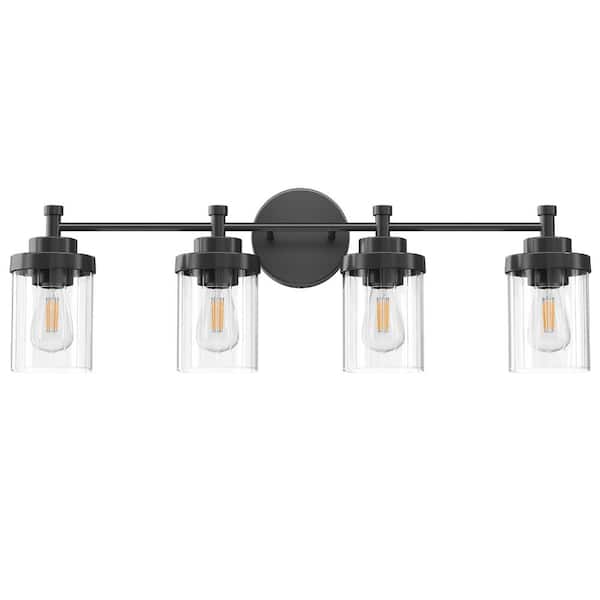 Merra 31.5 in. 4-Light Matte Black Modern Dimmable Vanity Light with Clear Ribbed Glass Shades E26 Sockets