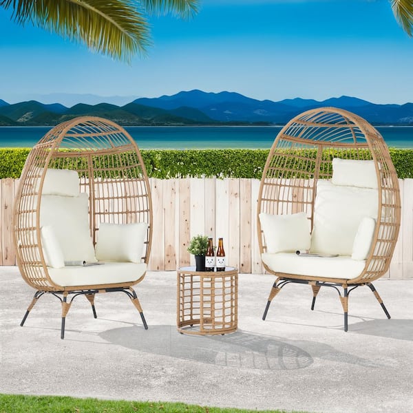 BFB 3-Piece Wicker Round Side Table Outdoor Bistro Set Wicker Egg Chair with Beige Cushion
