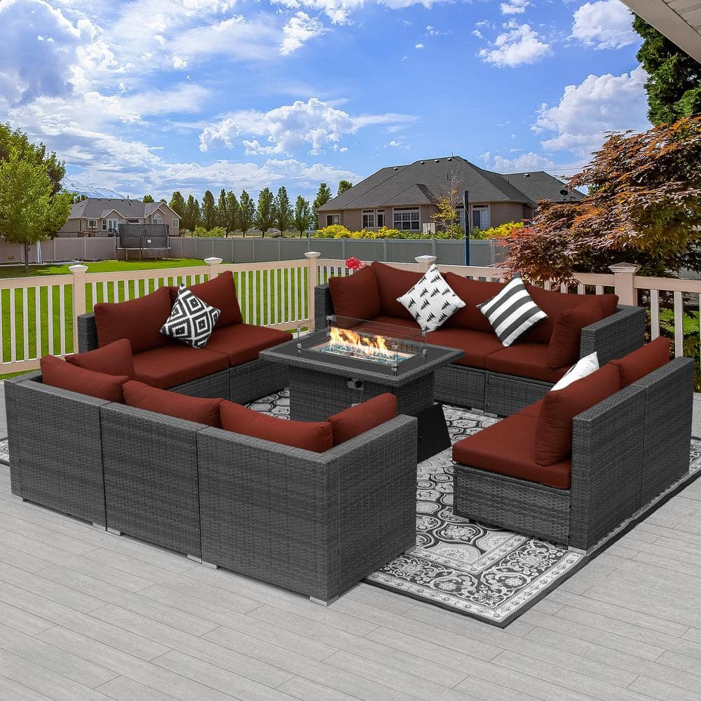 Eden Gray 10-Seat 11-Piece Wicker Patio Fire Pit Deep Seating Sofa Set with Red Cushions and 43 in. Firepit Table price history on PriceWatchPro