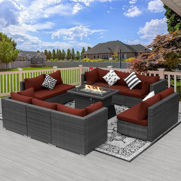 FINCATI Eden Gray 10-Seat 11-Piece Wicker Patio Fire Pit Deep Seating Sofa Set with Red Cushions and 43 in. Firepit Table