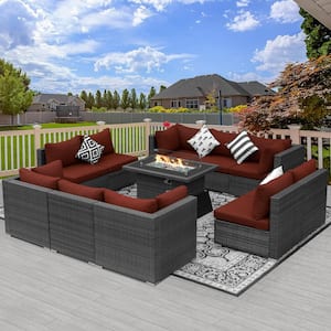 Eden Gray 10-Seat 11-Piece Wicker Patio Fire Pit Deep Seating Sofa Set with Red Cushions and 43 in. Firepit Table