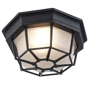 Benkert 9 in. 1-Light Black Outdoor Flush Mount Ceiling Light Fixture with Frosted Glass