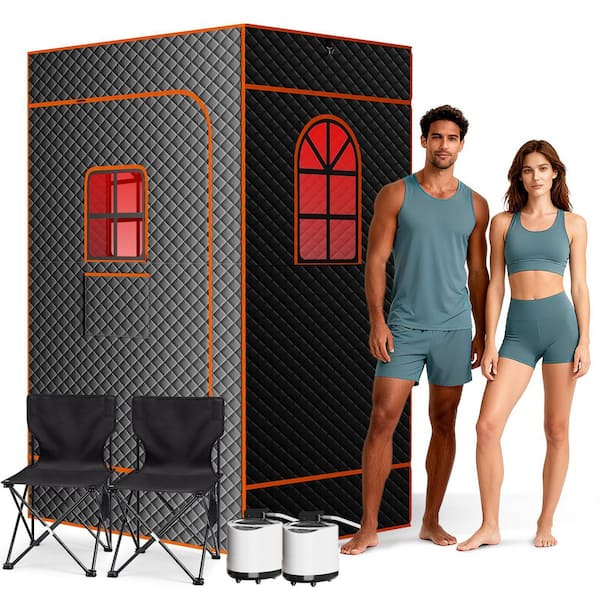 2-Person Portable Sauna Box with 2-Steamers and 2 Folding Chairs, 3 Windows, Red Light Therapy Tent with 2 Therapy Lamps