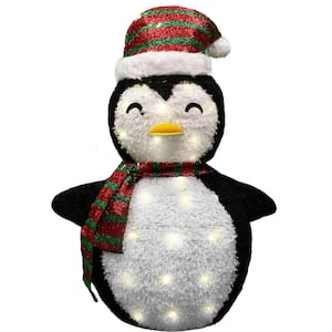 36 in. Tall White, Black and Red Tinsel Collapsible Penguin LED Yard Light
