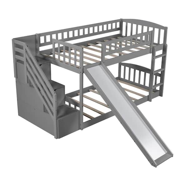JASMODER Stairway Gray Twin Bunk Bed with 2-Drawers and Slide