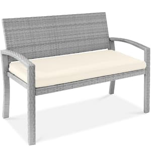 2-Person Gray Wicker Outdoor Patio Bench with Cream Cushion