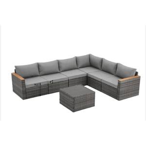 7-Piece Grey Wicker Patio Outdoor Sectional Sofa Set with Grey Cushions for Backyard, Lawn, Outside
