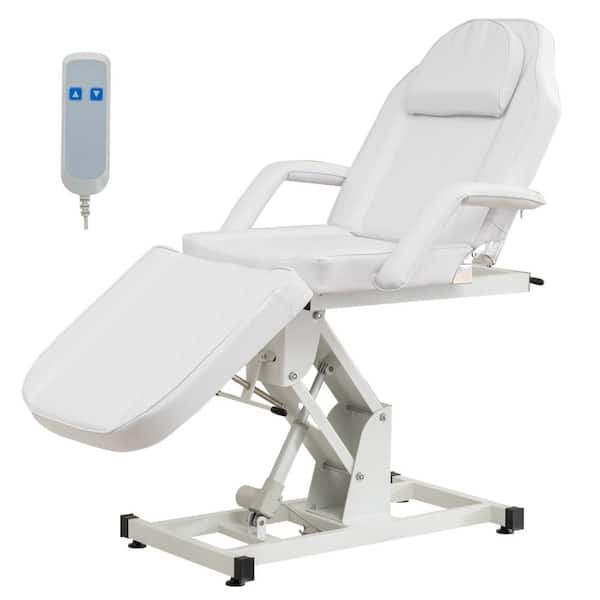 White Electric Folding Salon Bed Heavy Duty 440LBS Massage Table Remote Control Adjustable Height PU Leather Facial Bed
