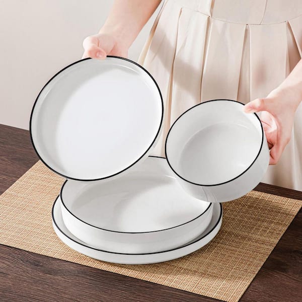 vancasso 24-Piece White Color Black Rim Porcelain Dinnerware Set