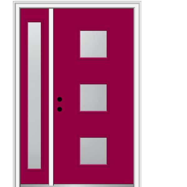 MMI Door 51 in. x 81.75 in. Aveline Frosted Glass Right-Hand 3-Lite Midcentury Painted Steel Prehung Front Door with Sidelite