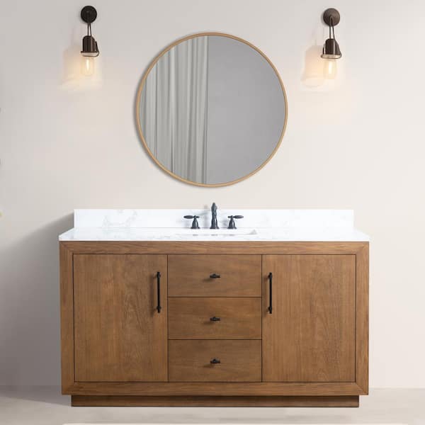 60 in. W x 22 in. D x 38 in. H Single Sink Bathroom Vanity in Tan with Arabescato White Engineered Marble Top