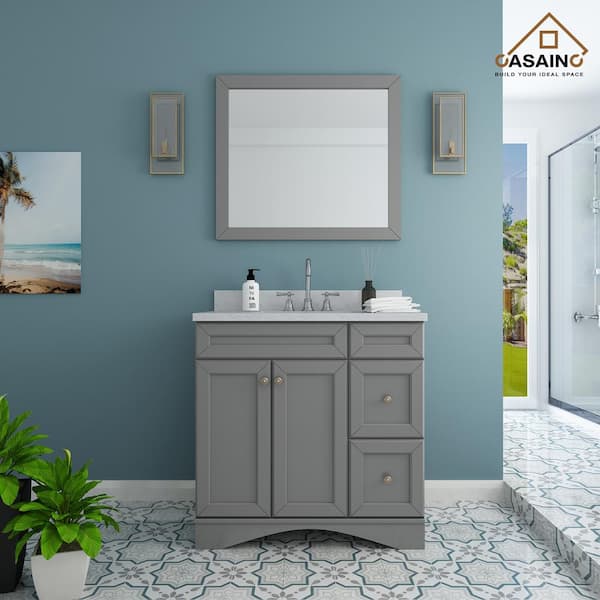 CASAINC 36 in. W x 22 in. D x 35.4 in. H Single Sink Solid Wood Bath Vanity in Gray with White Natural Marble Top and Mirror