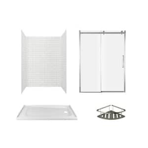 Passage 60 in. x 72 in. Right Drain 4-Piece Glue-Up Alcove Shower Wall, Shelf, Door and Base Kit in White Subway Tile