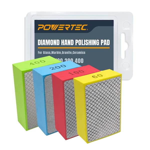 ‎POWERTEC Diamond Hand Polishing Pads Assortment 60/100/200/400 Grits, Block Type (4-Pack)