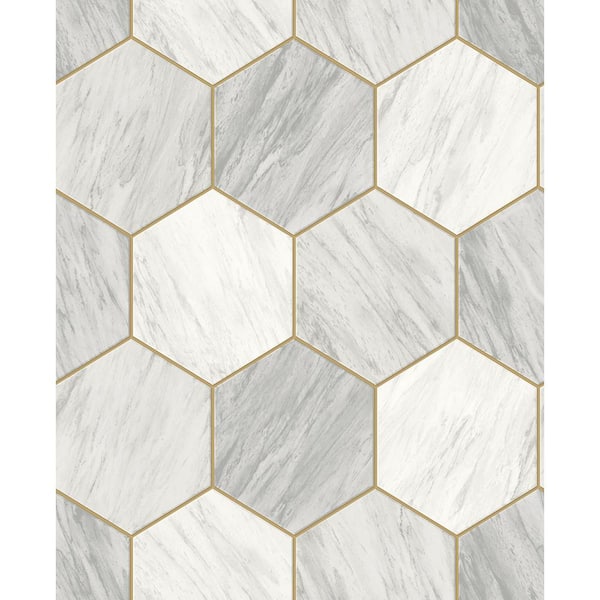 CASA MIA Hexagon Tiles White/Gray/Gold Paper Non-Pasted Strippable Wallpaper Roll (Cover 56.00 sq. ft.)
