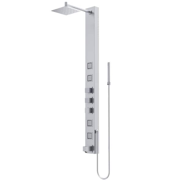 VIGO Bowery 58 in. H x 5 in. W 4-Jet Shower Panel System with Square Rainhead, Tub Filler and Hand Shower in Stainless Steel