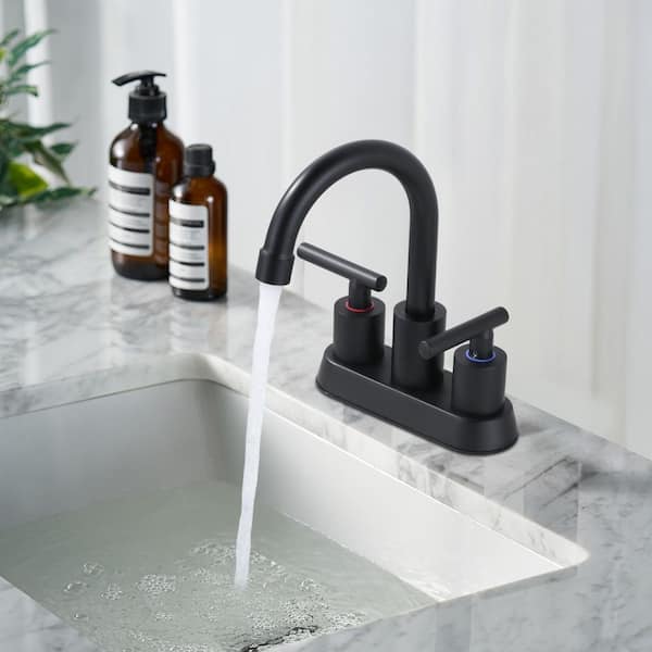 4 in. Centerset Double Handle High Arc Bathroom Faucet with Drain Kit Included in Matte Black