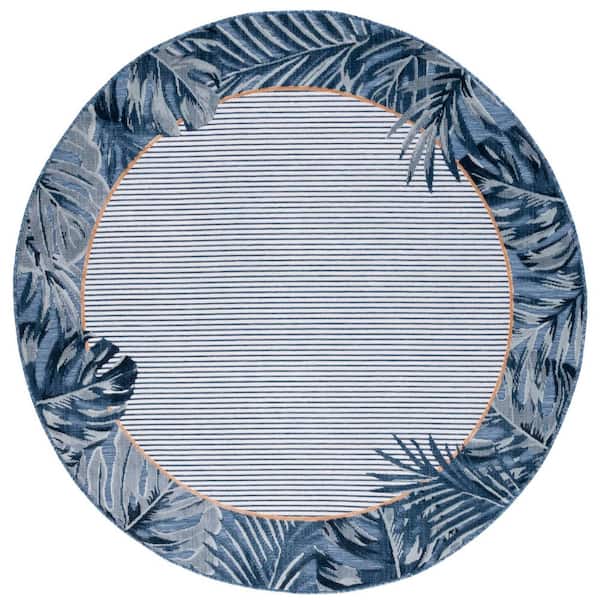 Cabana Ivory/Navy 6 ft. x 6 ft. Striped Leaf Border Indoor/Outdoor Round Area Rug