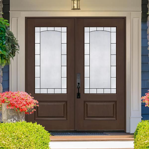 Regency 72 in. x 80 in. 3/4L Empire Decorative Glass RHIS Hickory Fiberglass Double Prehung Front Door with 6-9/16 Jamb